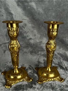 Pair Of Vintage Brass Candle Sticks Ornate Rococo Hollywood Regency ~6.5 Inches